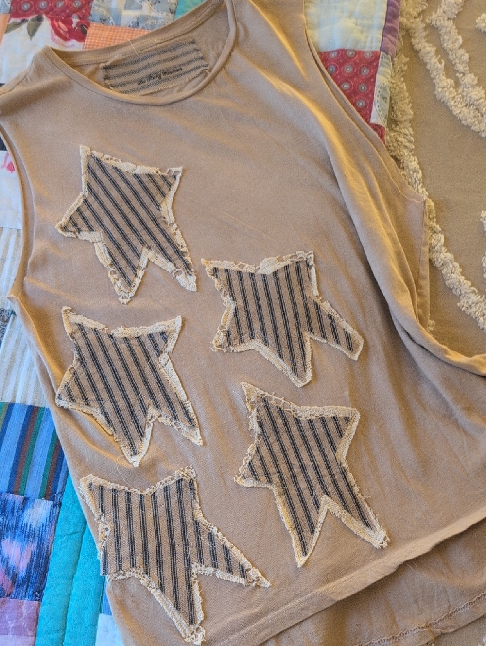 Upcycled tee shirt w  lace & fabric stars, tea dyed tee, HANDMADE ITEM